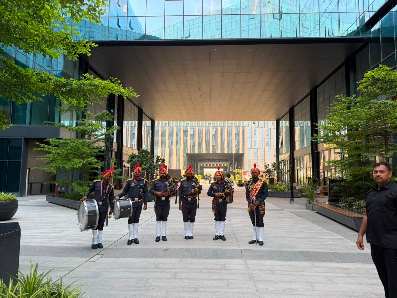 Bagpiper band performing outdoors